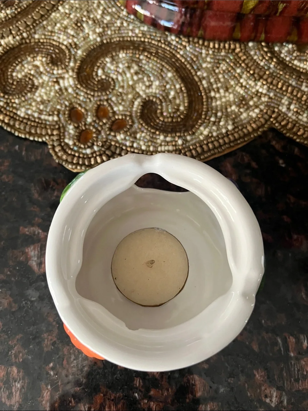 Hand-Painted Orange Pumpkin Ceramic Votive with Purple Grape Accent